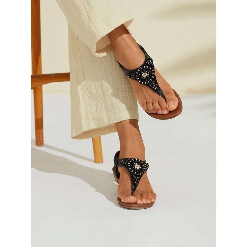 Women's Boho Beach Black T-Strap Flat Sandals with Elegant Beaded Embellishments | Sophisticated Evening Summer Footwear3