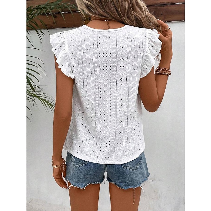 Shirt Blouse Women's Black White Navy Blue Plain Ruffle Cut Out Street Daily Fashion Round Neck Regular Fit S 5