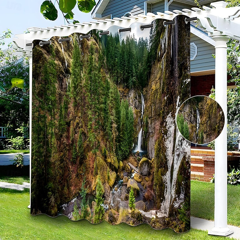 Waterproof Outdoor Curtain Privacy, Sliding Patio Curtain Drapes, Pergola Curtains Grommet 3D Tree Forest Landscape For Gazebo, Balcony, Porch, Party, 1 Panel2