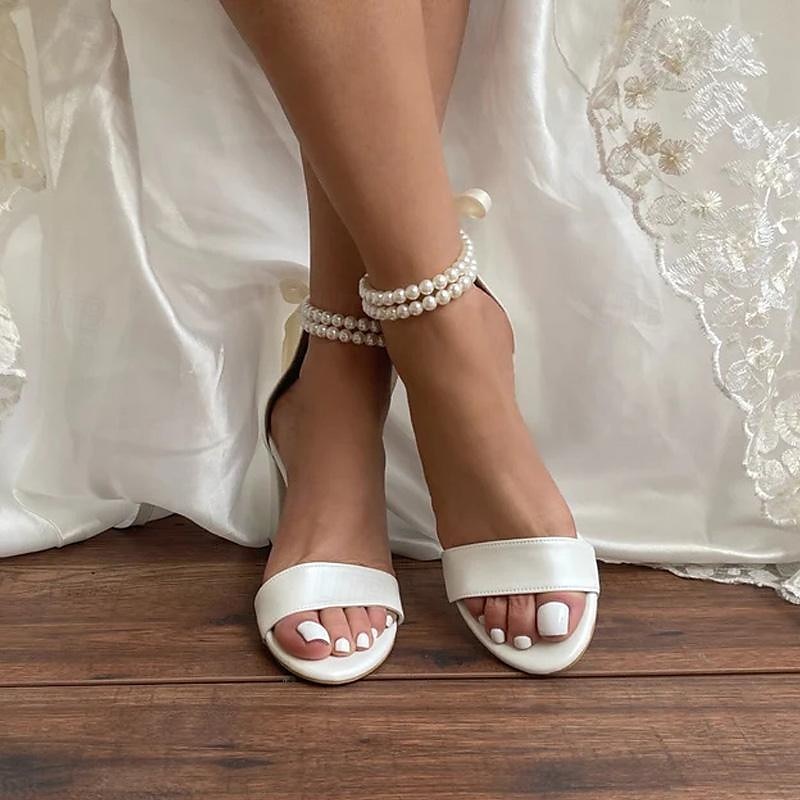 White Satin Wedding Sandals with Pearl Anklet and Block Heels - Elegant Bridal Shoes for Special Occasions 6