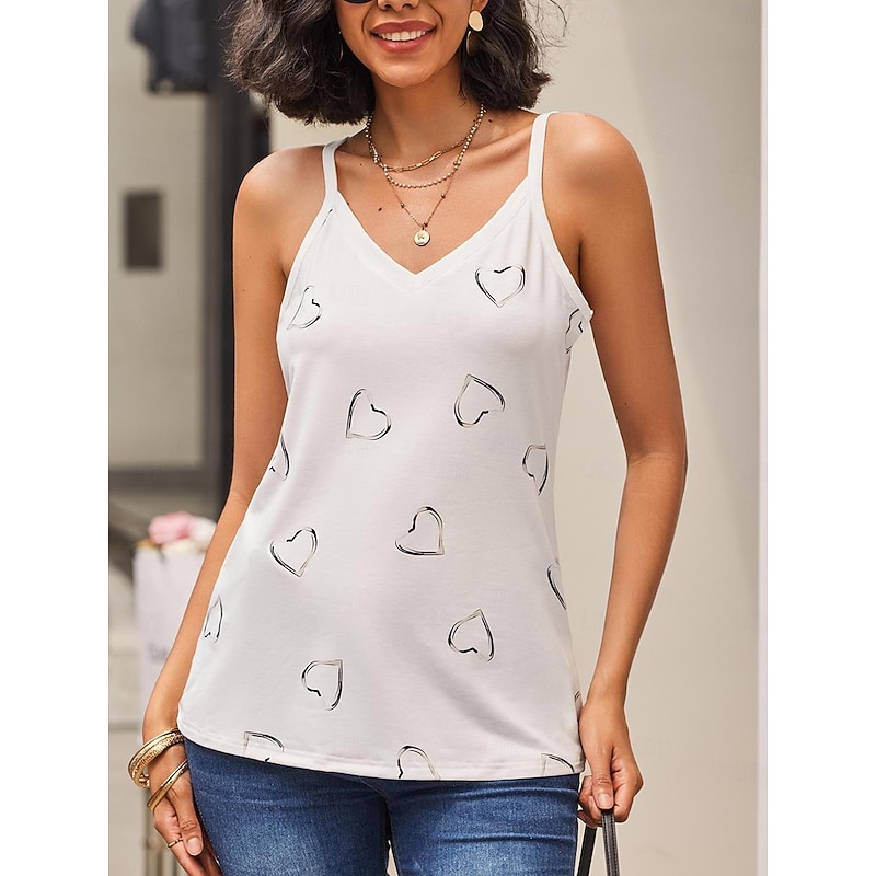 Women's Camisole Tank Top Going Out Tops Summer Tops Tunic Basic Heart Print Sleeveless Regular Tops V Neck Casual Weekend Black White Pink2