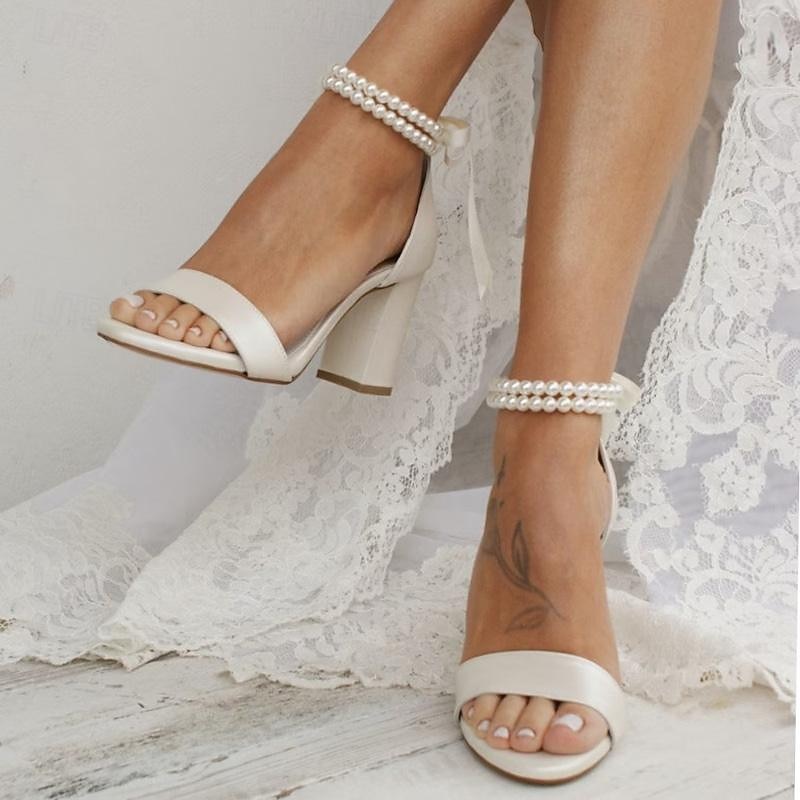 White Satin Wedding Sandals with Pearl Anklet and Block Heels - Elegant Bridal Shoes for Special Occasions4