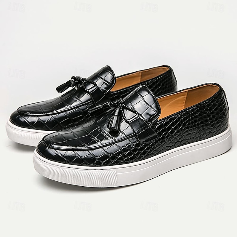 Men's Crocodile Pattern Tassel Loafers with Slip-On Design – Casual Faux Leather Shoes with White Sole3