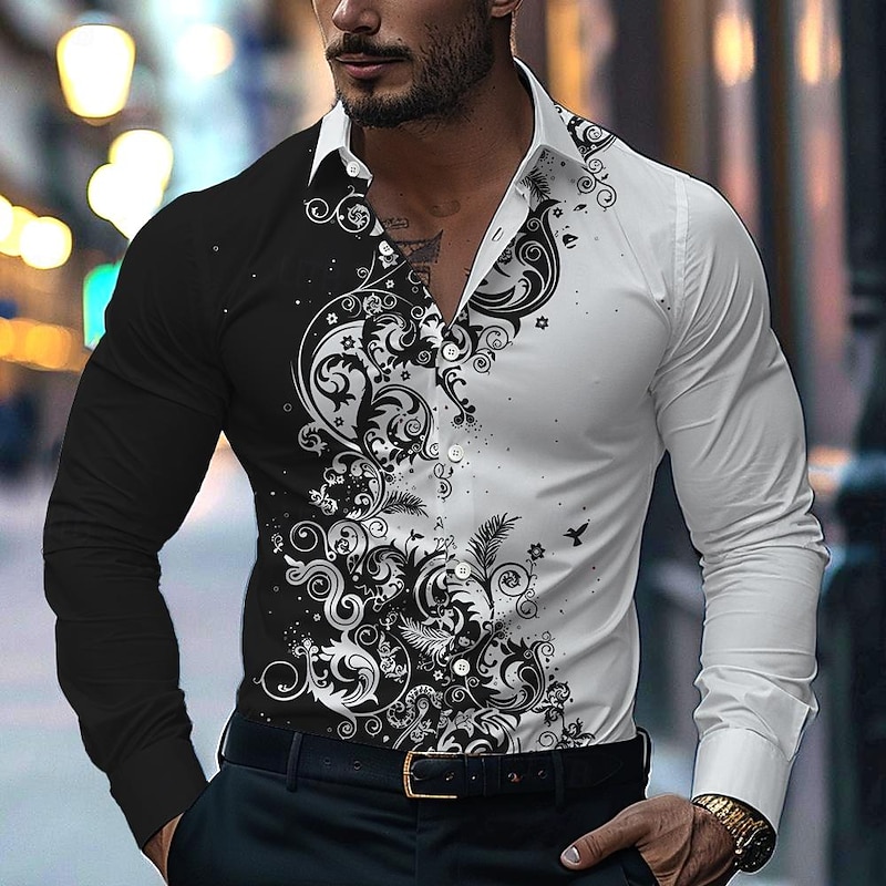 Men's Button Up Shirt Printed Shirts Long Sleeve Business Casual Formal Fall Winter Spring & Summer Turndown Print Button-Down Black