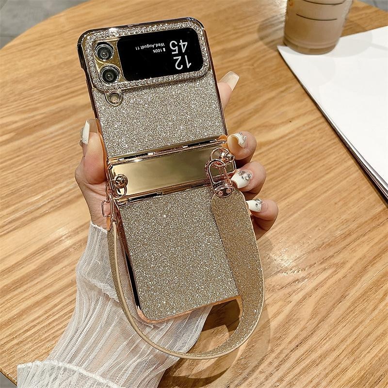 Phone Case For Samsung Galaxy Z Flip 6 Z Flip 5 Z Flip 4 Z Flip 3 Back Cover with Wrist Strap Bling Glitter Shiny Shockproof Plating PC Metal2