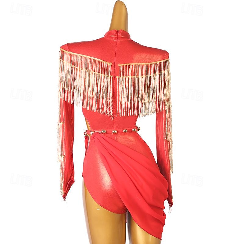Latin Dance Dress Scattered Crystals Style Women's Girls' Performance Training Long Sleeve High PU Tulle3