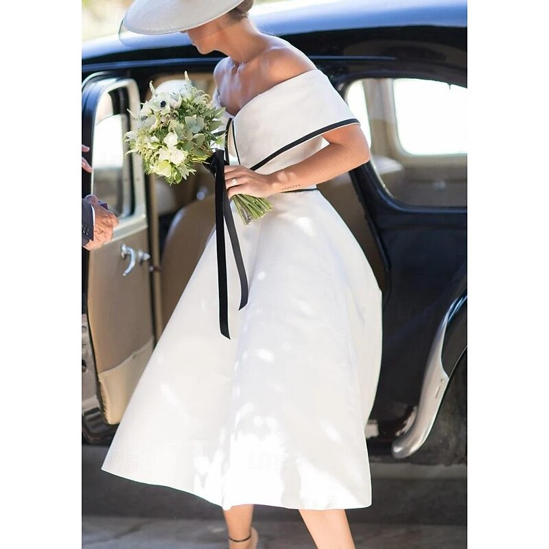 Wedding Dresses A-Line Off Shoulder Short Sleeve Tea Length Stretch Fabric Bridal Gowns With Solid Color4
