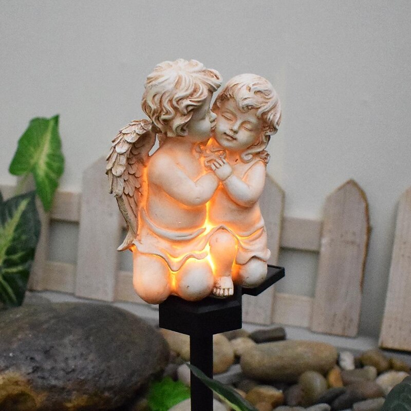 1 Pc Outdoor Solar Resin Sculpture Couple Angel Earth Insertion Lamp Lawn Lamp Courtyard Lawn Path Garden Festival Wedding European Landscape Decoration Lights3