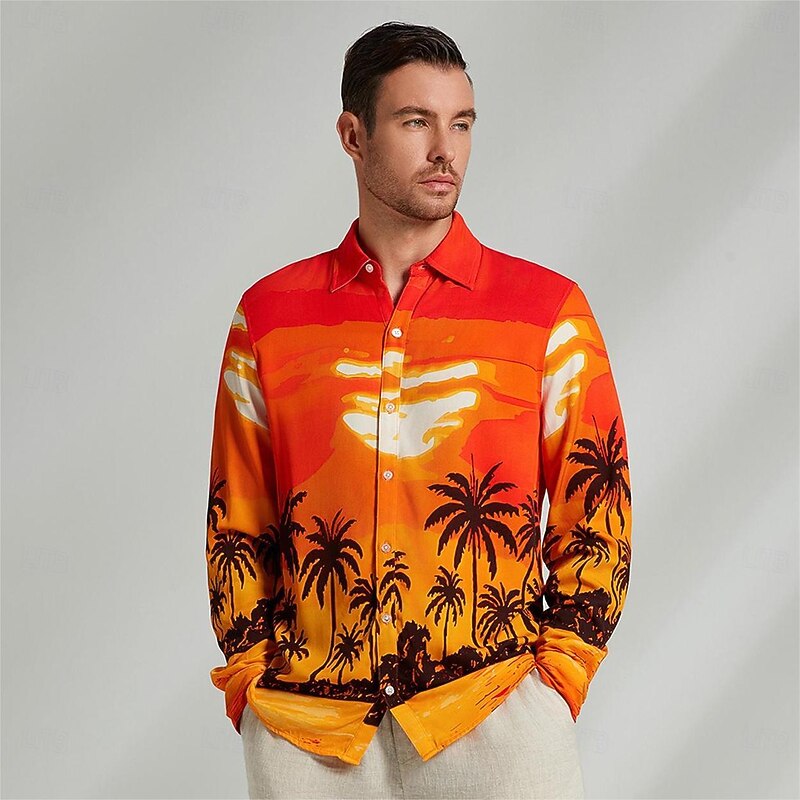 Men's Shirt Coconut Tree Hawaiian Resort  Button Up Shirt Printed Shirts Long Sleeve Daily Wear Vacation Beach Spring & Summer Lapel Print Orange Cotton2