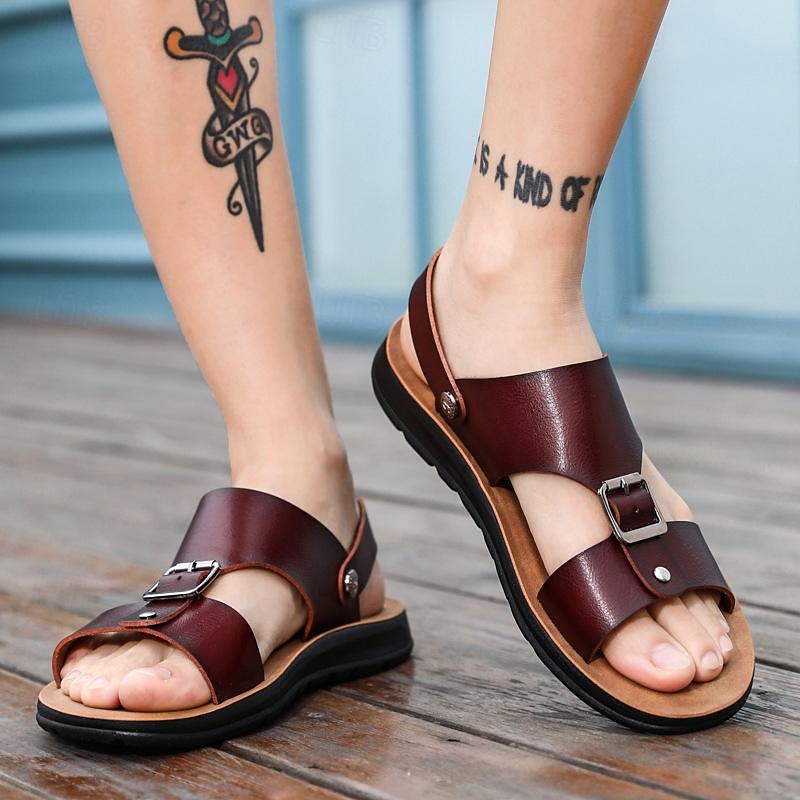 Men's Buckled Faux Leather Sandals – Casual Open Toe Flat Summer Shoes for Beach, Walking, and Daily Wear
