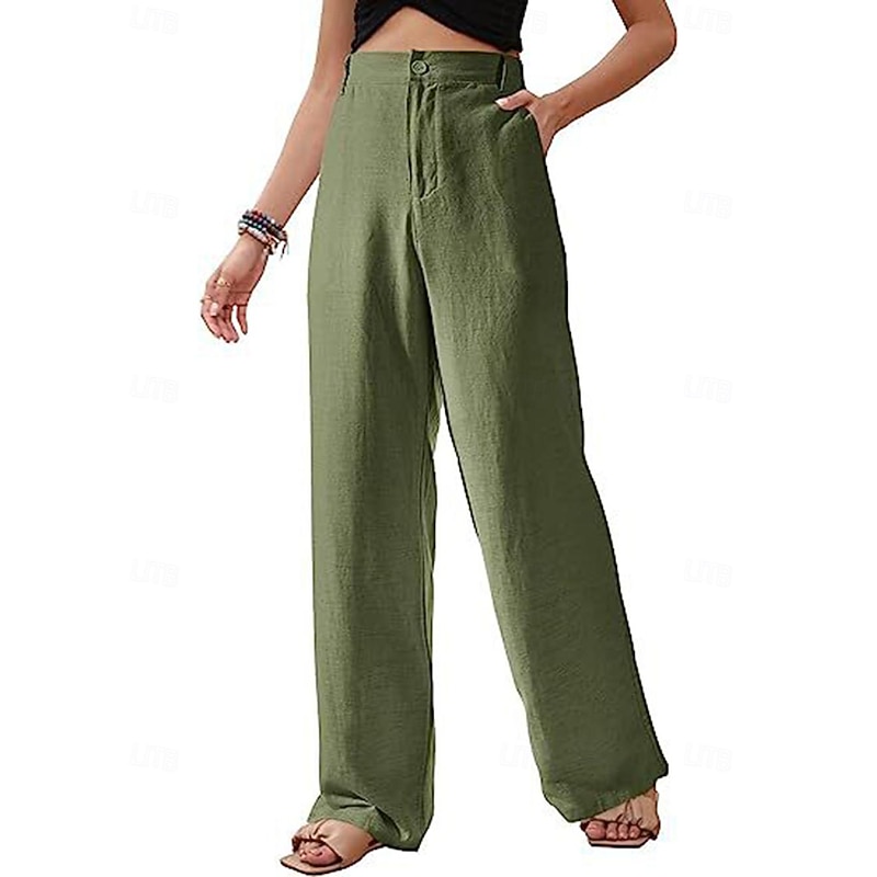 Women's Wide Leg Pants Trousers Casual Daily Long Plain Side Pockets Breathability Comfortable Micro-elastic Weekend Black White Navy Blue Green Spring & Summer Regular Fit2