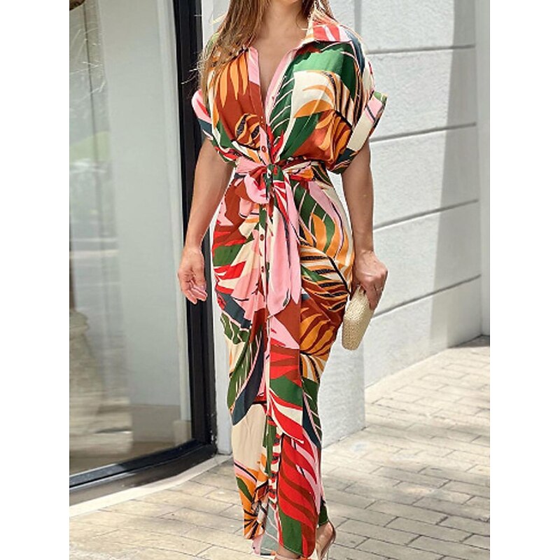 Women's T Shirt Dress Summer Dress Print Dress Floral Leaf Ruched Button Shirt Collar Long Dress Maxi Dress Elegant Fashion Work Daily Short Sleeve Regular Fit Yellow Pink Red Summer Spring S M L XL3