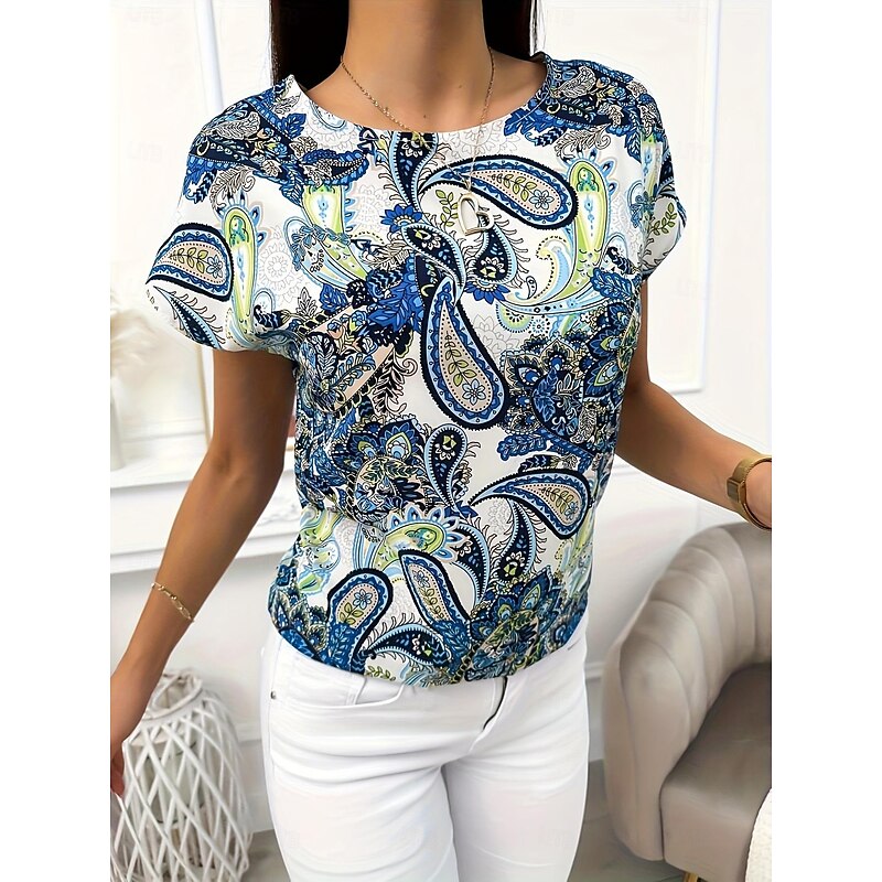 Women's T Shirt Graphic Paisley Fashion Short Sleeve Round Neck Regular Tops Daily Weekend Print White Blue Gray Summer3
