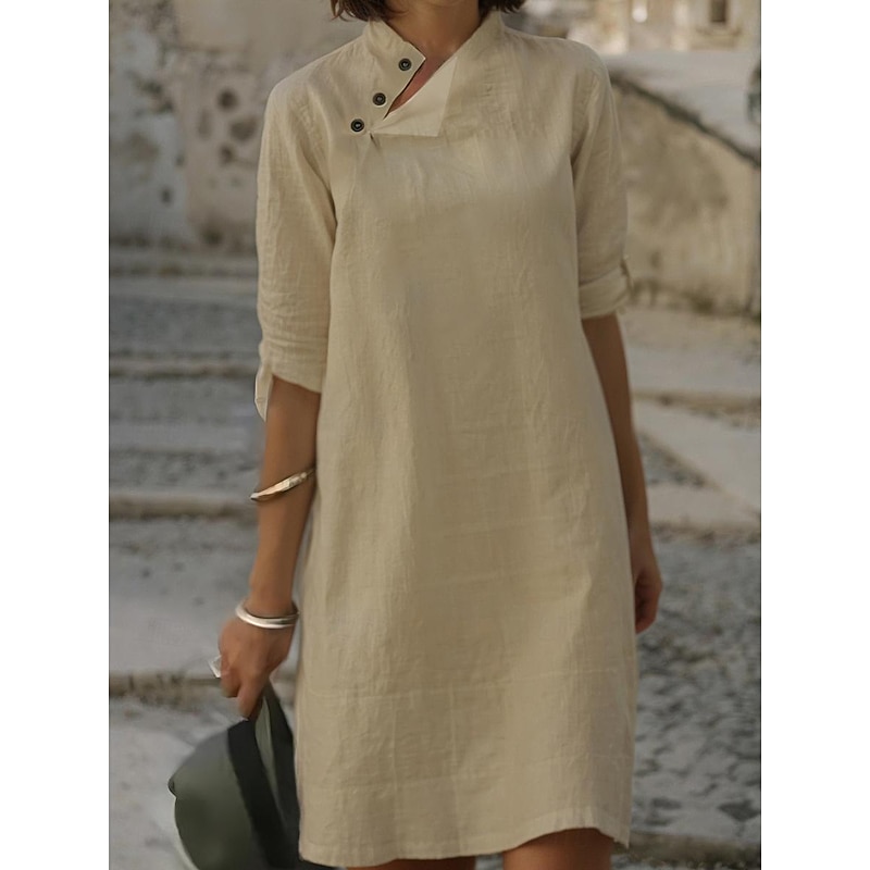 Women's Black White Pink Summer Spring Mini Dress White Dress Shirt Dress Cotton Linen Dress Basic Daily Weekend Regular Fit Floral Plain Stand Collar4