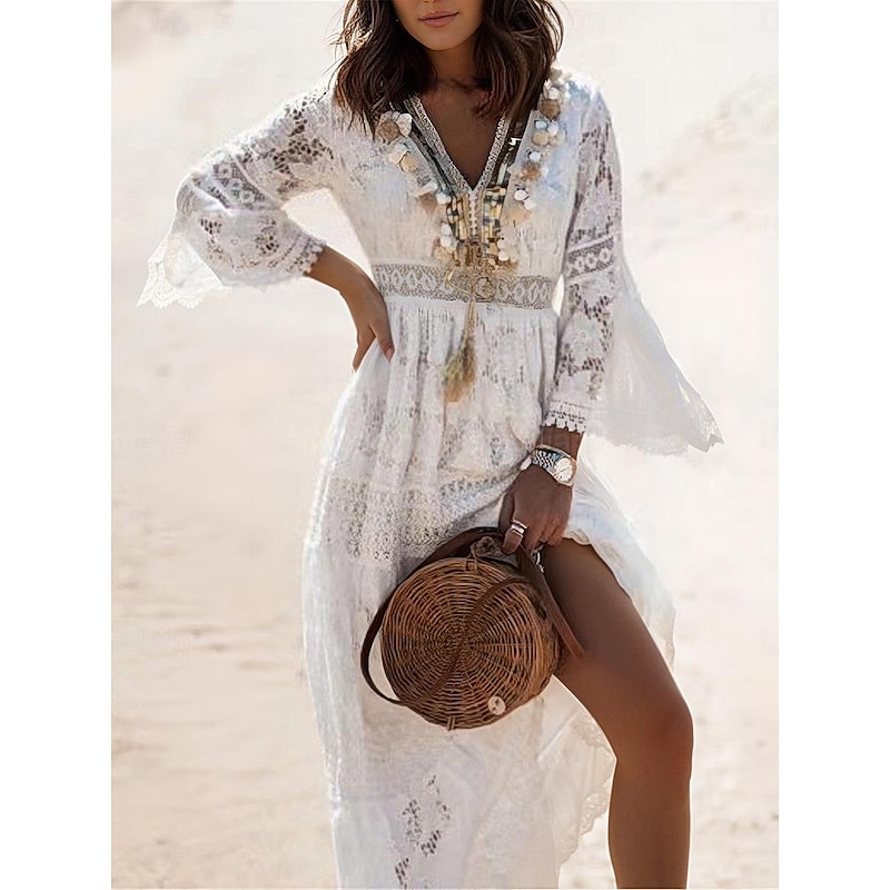 Women's Maxi Dress White Dress White Lace Wedding Dress Boho Chic Dresses Boho Dress Elegant Bohemia A Line Vacation Holiday Regular Fit Plain Long Sleeve V Neck White Apricot Summer
