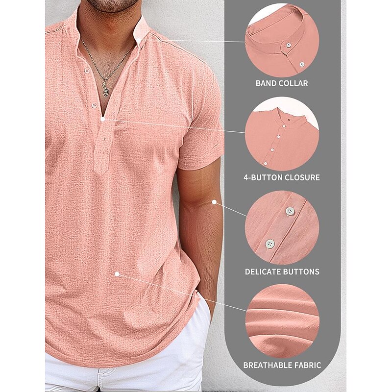 Men's Shirt Linen Shirt Popover Shirt Summer Shirt Beach Wear Band Collar Shirt Plain Vacation Casual Black White Pink Green Short Sleeve Henley Summer Clothing Apparel2