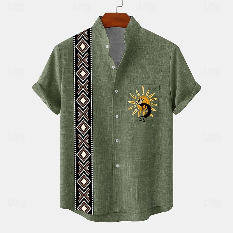 Men's Shirt Bowling Shirt Button Up Shirt Short Sleeve Vintage Casual Tribal Daily Holiday Summer Spring Band Collar grandad collar Print Green Khaki Beige