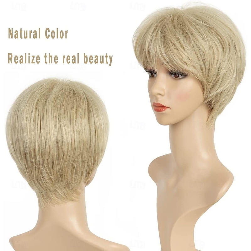 Short Blonde Wigs Pixie Cut Wigs with Bangs Synthetic Hair Wigs for White Women Old Lady Mommy Wig Short Hair Styles4
