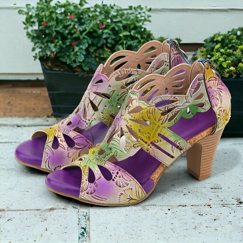 Women's Sandals Floral Cut-out Platform Cone Heel Chunky Heel Peep Toe Elegant Vintage Cowhide Zipper Yellow Blue Light Purple2