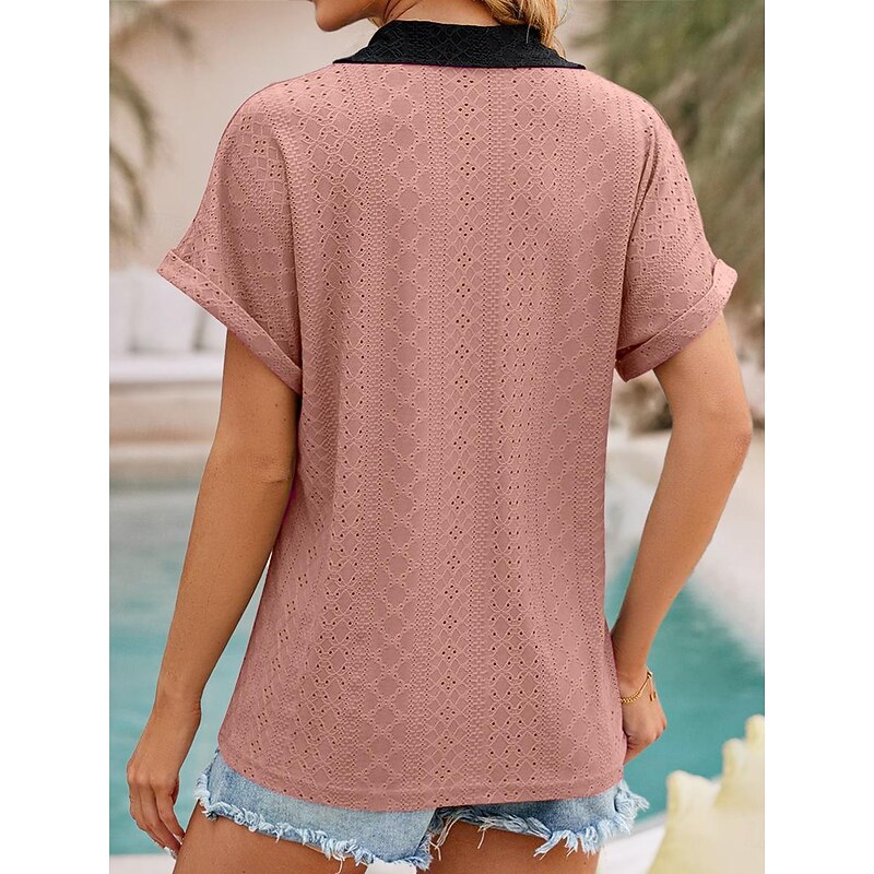 Women's Shirt Tunic Plain Short Sleeve V Neck Shirt Collar Work Daily Sage Green Pink Rose Pink Summer2