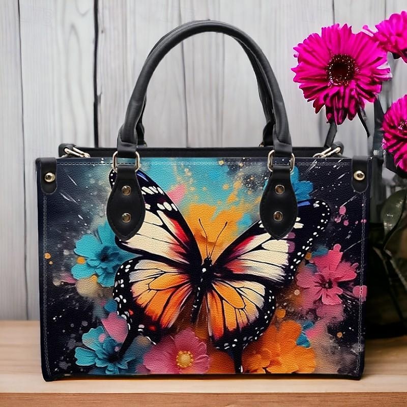 Women's Handbag Crossbody Bag Shoulder Bag Boston Bag PU Leather Shopping Daily Holiday Print Large Capacity Multi Carry Butterfly Flowers Light Red Blue