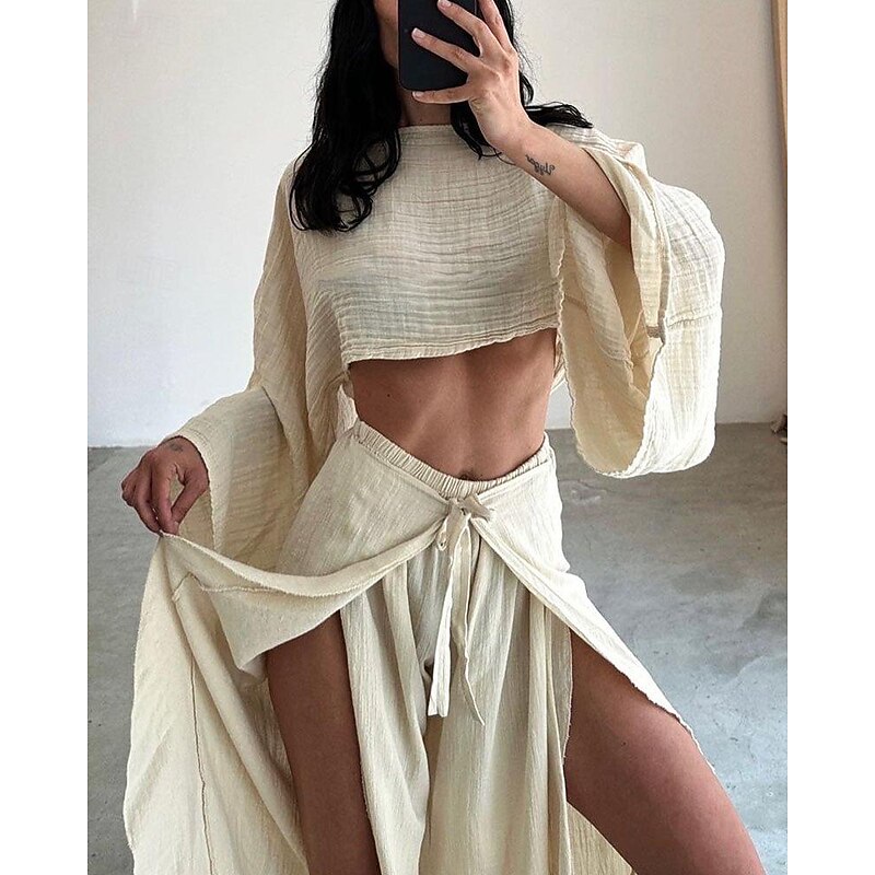 Women's Fashion Shirt Two Piece Sets Pants Sets Pants Trousers Long Sleeve Round Neck Plain Ruffle Split Holiday Weekend Black Brown Beige Spring & Summer Regular Fit2