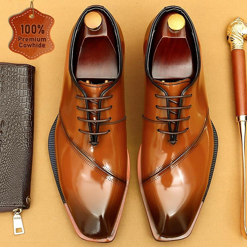 Elegant Men's Cognac Patent Leather Oxford Shoes with Lace-Up Detail - Perfect for Formal Occasions 2025 - $129.99