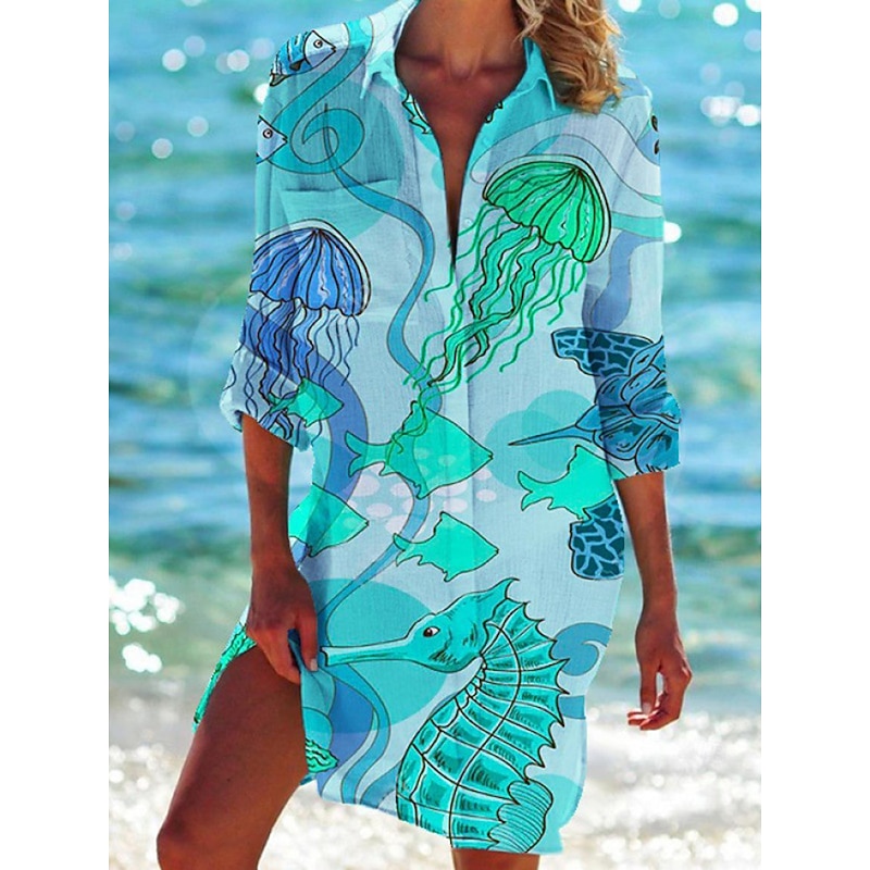 Women's Shirt Blouse Graphic Casual Beach Long Sleeve Shirt Collar Long Tops Vacation Beach Buttons Pocket Print White Light Green Blue Green Spring & Summer3