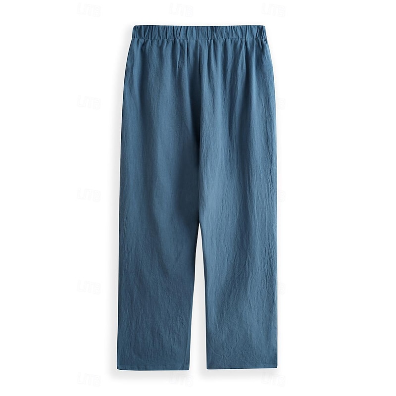 Men's Linen Pants Trousers Summer Pants Elastic Waist Straight Leg Solid Color Comfort Breathable Full Length Yoga Holiday Fashion Streetwear Blue Orange Inelastic3