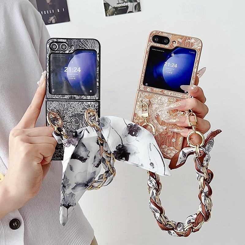 Phone Case For Samsung Galaxy Z Flip 7 Z Flip 5 Z Flip 4 Z Flip 3 Back Cover with Wrist Strap Shockproof PC Metal