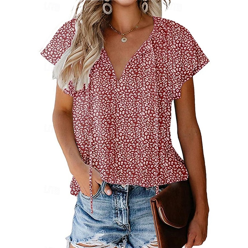 Women's Shirt Blouse Leopard Casual Short Sleeve V Neck Regular Tops Daily Lace up Print Black Yellow Red Blue Green Summer3