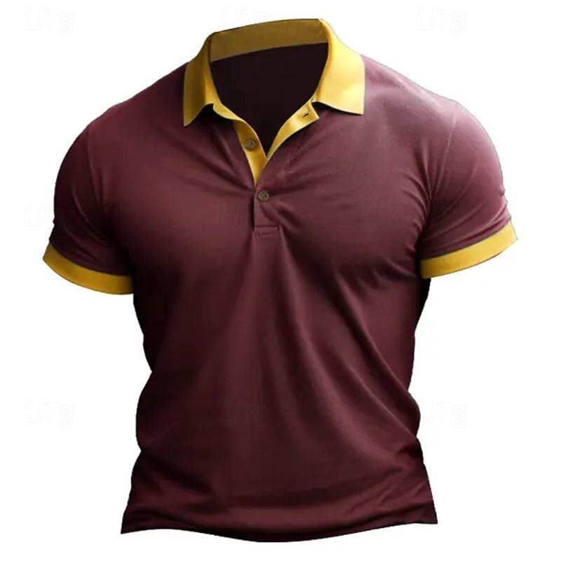 Men's Golf Shirt Golf Polo Work Casual Lapel Short Sleeve Basic Modern Color Block Patchwork Button Spring & Summer Regular Fit Wine Black Blue Brown Golf Shirt2