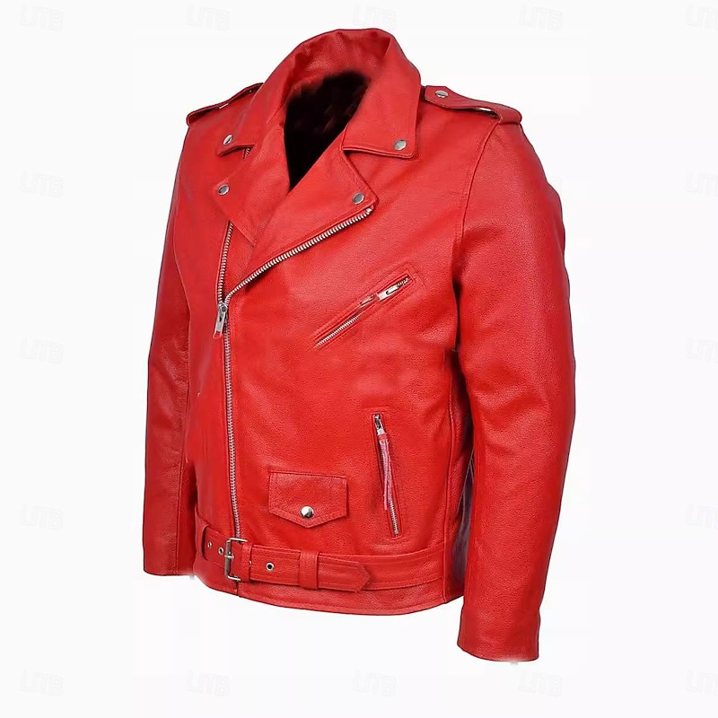 Male Faux Leather Jacket Transition Jacket Biker Jacket Red Leather Jacket Daily Wear Casual Daily Zipper All Seasons Solid / Plain Color Leisure Sweet Lapel Regular Black Red Jacket3