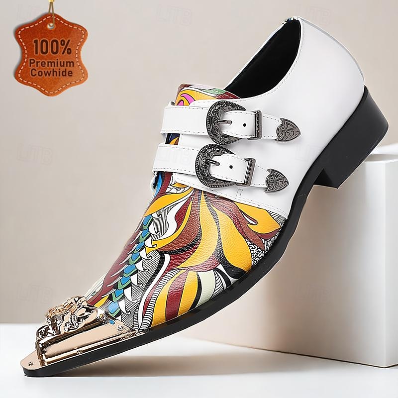 Men's Colorful Printed Leather Double Monk Strap Shoes with Gold Tip Embellished Buckle Detail