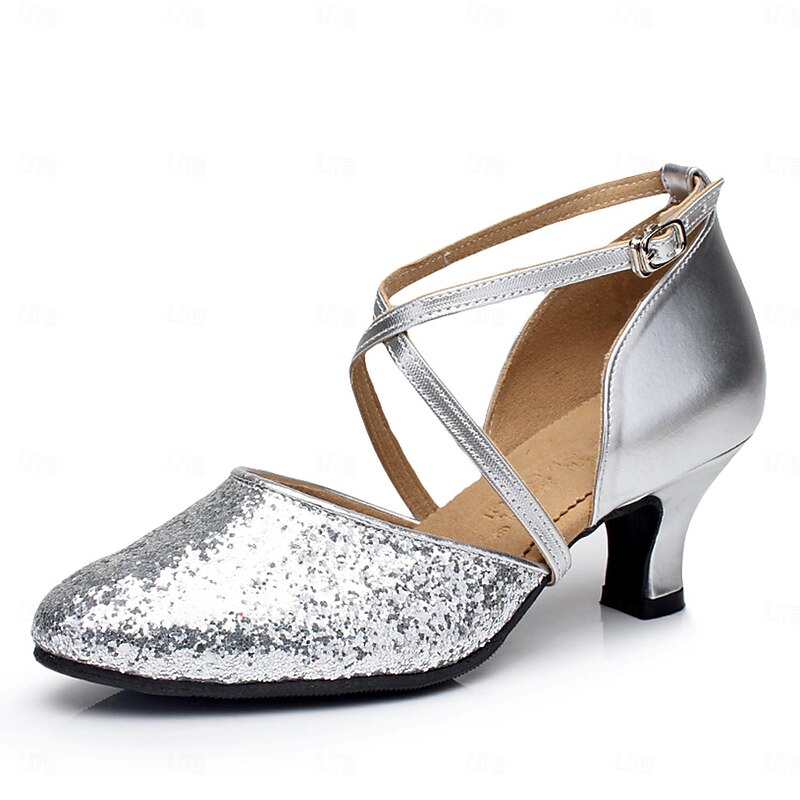 Women's Modern Dance Shoes Ballroom Dance Waltz Square Dance Plus Size Heel Cuban Heel Buckle Adults' Black Silver Red4