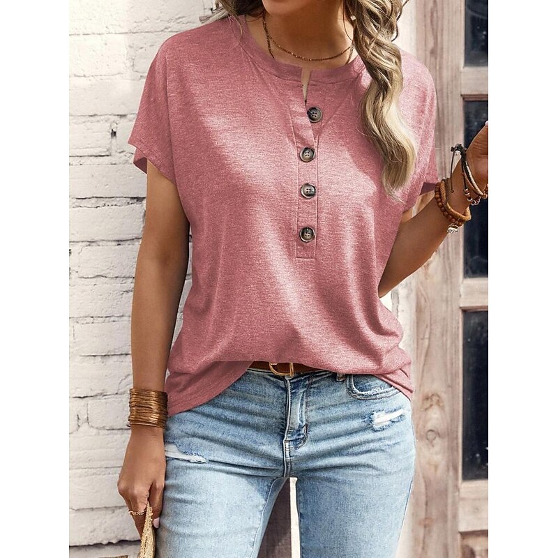 Women's T Shirt Plain Fashion Short Sleeve Round Neck Regular Tops Daily Weekend Buttons Black Pink Blue Brown Green Summer3