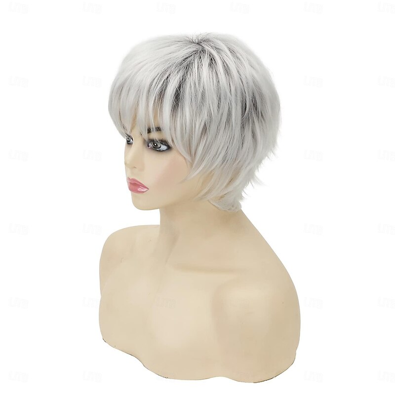Sliver Grey Bob Short Wigs for White Women Straight Pixie Bob Wig with Bangs Chin Length Blonde Highlight Natural Looking Wig Synthetic Daily Party Wig2