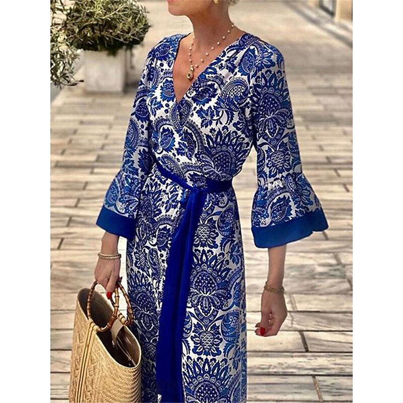 Women's Casual Dress Swing Dress Floral Print V Neck Long Dress Maxi Dress Hawaiian Casual Daily Vacation 3/4 Length Sleeve Summer3