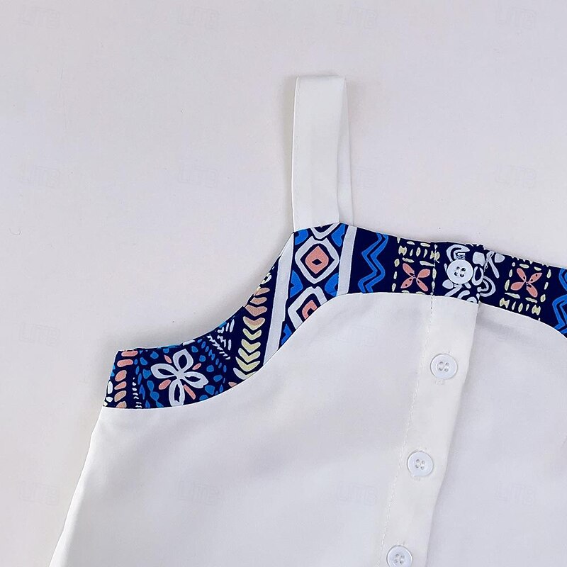 Summer Girl Ethnic Set Lace Lace Lace Collar Sling Top Geometric Printed Wide Leg Pants  Two Piece Set4