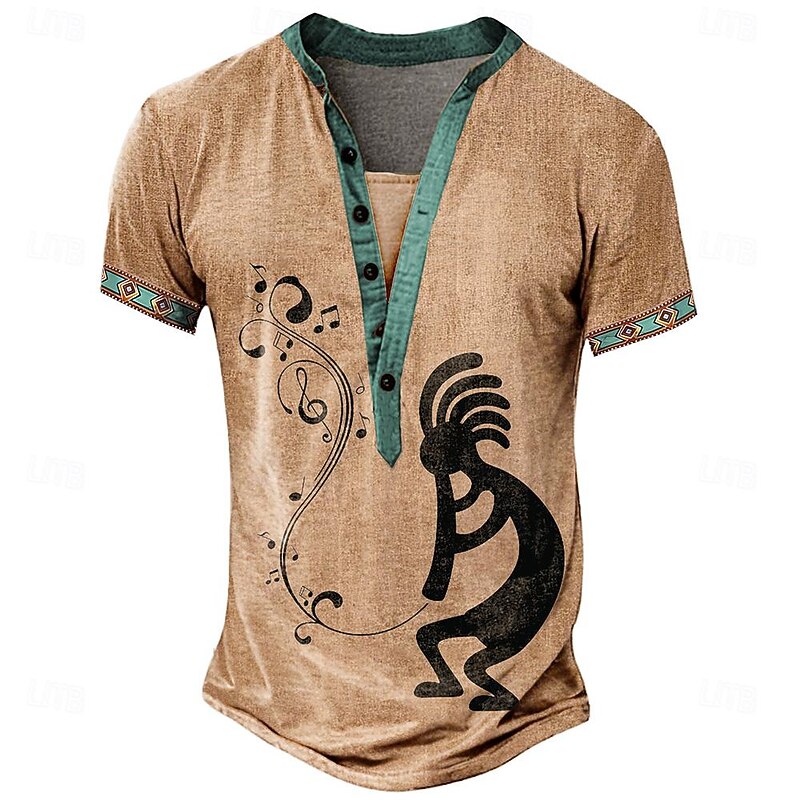 Men's Tribal Bandana Print T Shirt Henley Shirt Short Sleeve 3D Print Vacation Tropical Fashion Vacation Casual Daily Summer Spring Yellow Brown Khaki Henley Henley T-Shirt