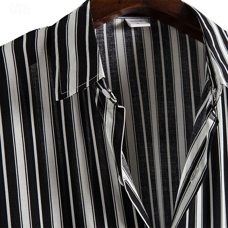 Men's Shirt Summer Shirt Casual Shirt Beach Shirt Button Up Shirt Striped Shirts Black Navy Blue Short Sleeve Stripes Turndown Vacation Hawaiian Clothing Apparel Cotton Cotton Blend Fashion Casual4