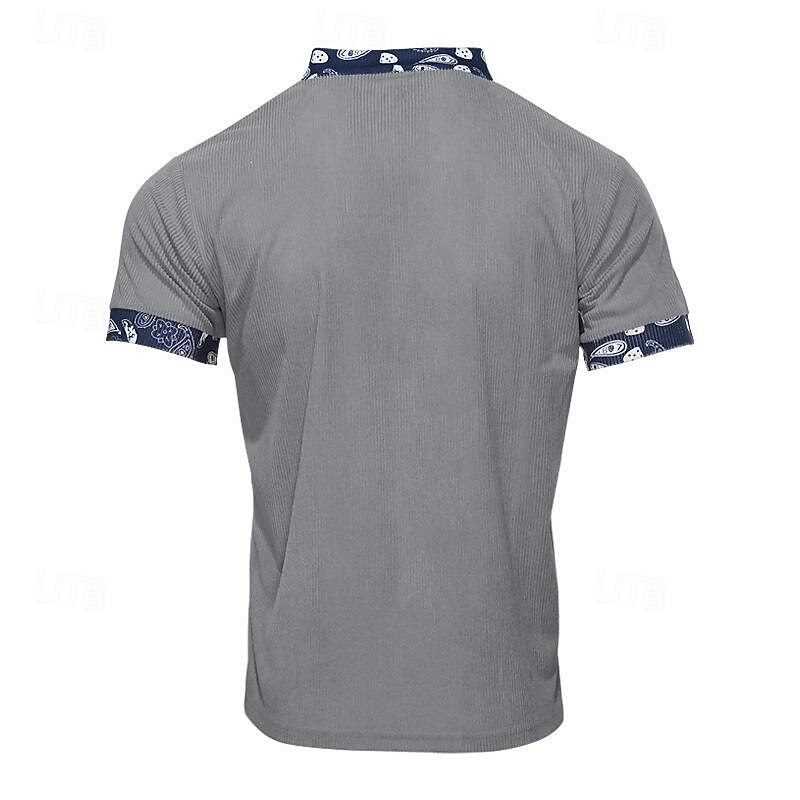 Men's T Shirt Corduroy Shirt Tee Short Sleeve Shirt Short Sleeve V Neck Spring & Summer Color Block Fashion Designer Basic Lace up Patchwork Vacation Street Going out Black Brown Khaki Top Tee for Men4