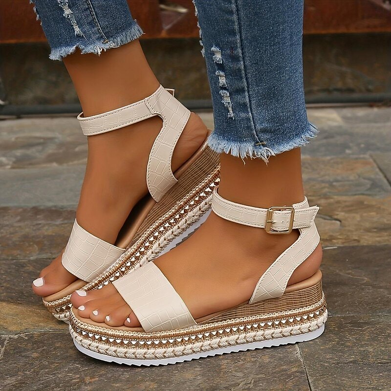 Women's Beige Crocodile - Embossed Espadrille Wedge Sandals, Adjustable Ankle Strap Platform Sandals for Summer Casual4
