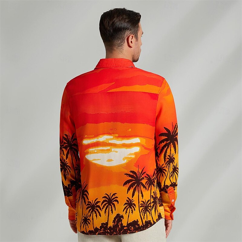 Men's Shirt Coconut Tree Hawaiian Resort  Button Up Shirt Printed Shirts Long Sleeve Daily Wear Vacation Beach Spring & Summer Lapel Print Orange Cotton3