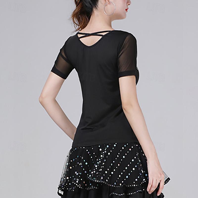 Latin Dance Ballroom Dance Top Pure Color Splicing Crystals / Rhinestones Women's Performance Training Short Sleeve High Polyester4