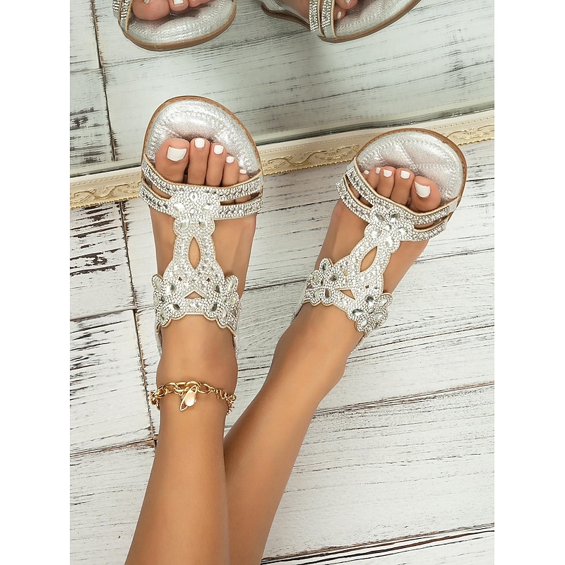 Women's Silver Rhinestone T-Strap Sandals – Boho Flat Wedding Flip Flops for Brides, Beach Ceremonies, and Summer Vacations2
