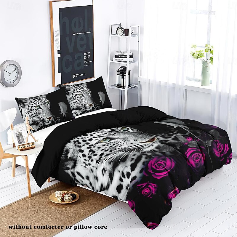 100% Cotton Cheetah Pattern 3-Piece Duvet Cover Set 3D Printed Quilt Queen Size Bedding Set Hunting Animal Quilt Cover Suitable for Kids Boys Men's Room Decor Super Soft Breathable Bed Set 3 Piece Set Lightweight2