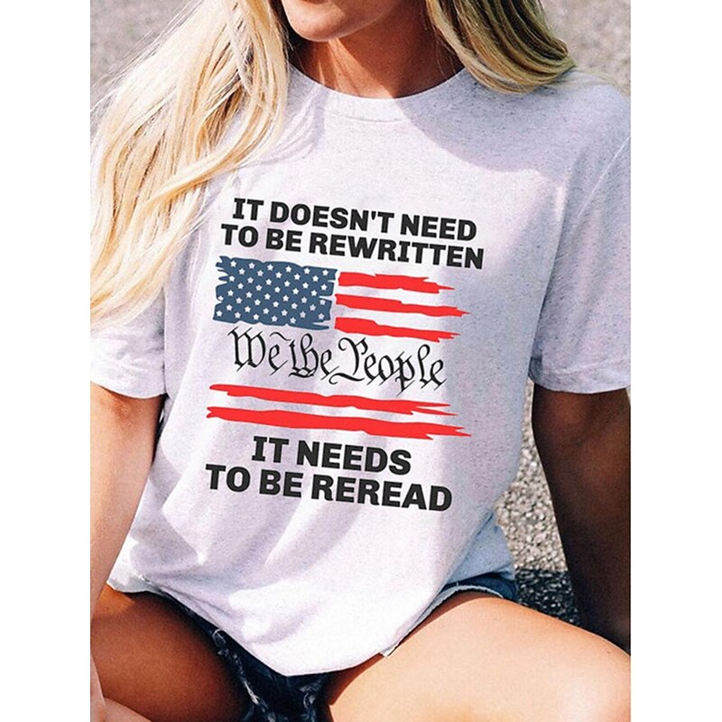 Women's T Shirt Letter USA Casual Short Sleeve Round Neck Regular Tops Vacation Independence Day Print White Summer