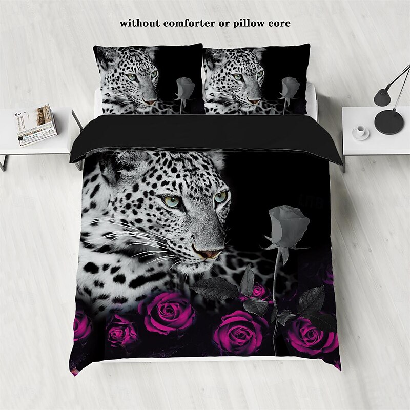 100% Cotton Cheetah Pattern 3-Piece Duvet Cover Set 3D Printed Quilt Queen Size Bedding Set Hunting Animal Quilt Cover Suitable for Kids Boys Men's Room Decor Super Soft Breathable Bed Set 3 Piece Set Lightweight4