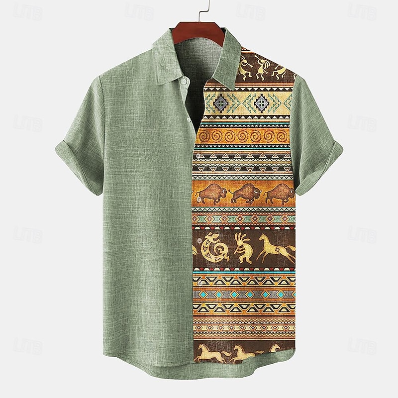 Men's Shirt Linen Shirt Retro Shirts Vintage Shirt Ethnic Shirt Tribal Daily Blue Green khaki Short Sleeve Turndown Summer Spring Clothing Apparel4